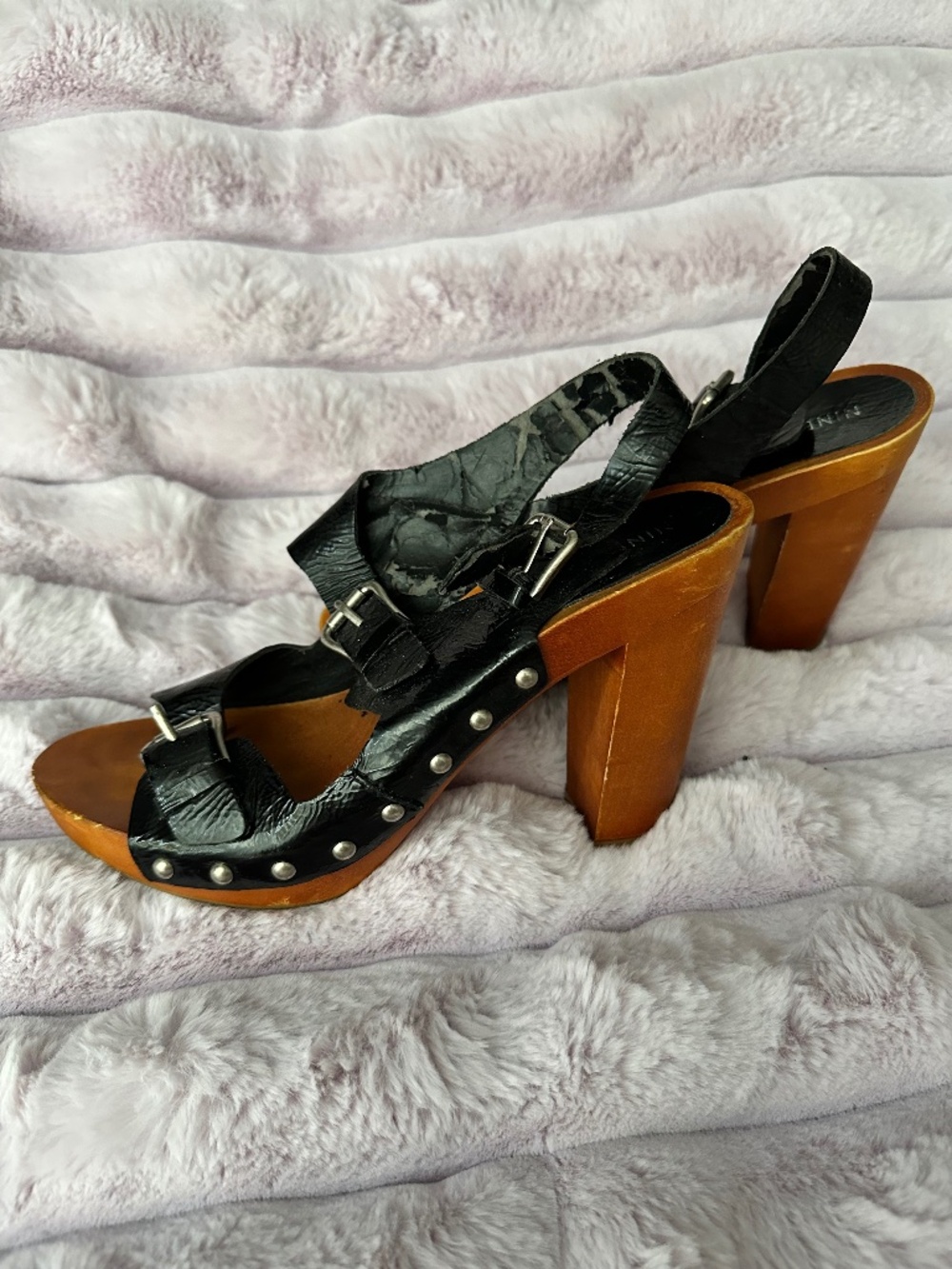NINE WEST 8 Adjustable Leather HIGH heeled WOOD Platform buckle sandals *PEELING